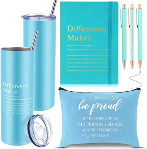 Geiserailie 6 Pcs Employee Appreciation Gift Set Thank You Difference Maker Gift May You Be Proud 20 oz Tumbler Leather Journal Ballpoint Pens Makeup Bag for Graduation Teacher Women Men (Blue)