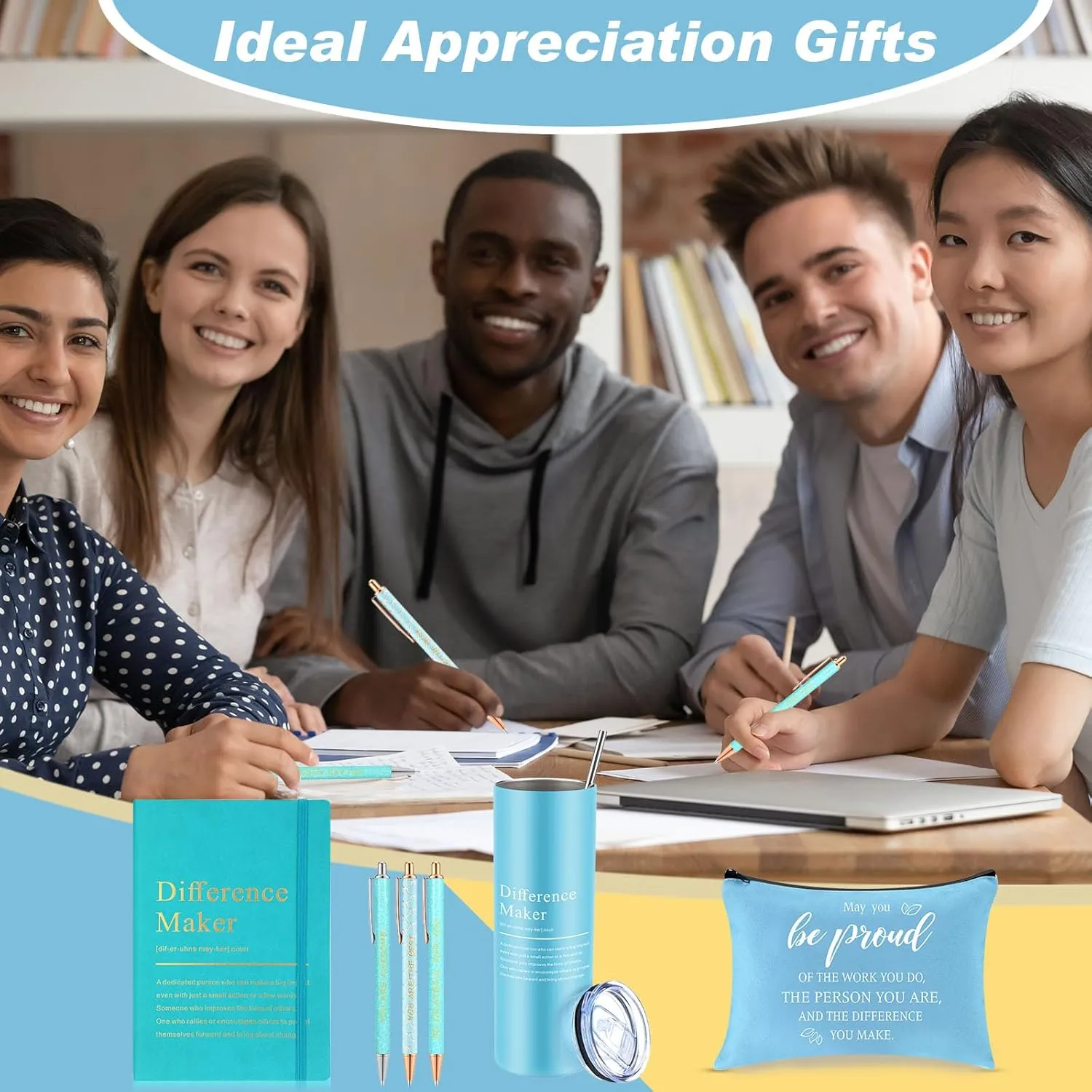 Geiserailie 6 Pcs Employee Appreciation Gift Set Thank You Difference Maker Gift May You Be Proud 20 oz Tumbler Leather Journal Ballpoint Pens Makeup Bag for Graduation Teacher Women Men (Blue)