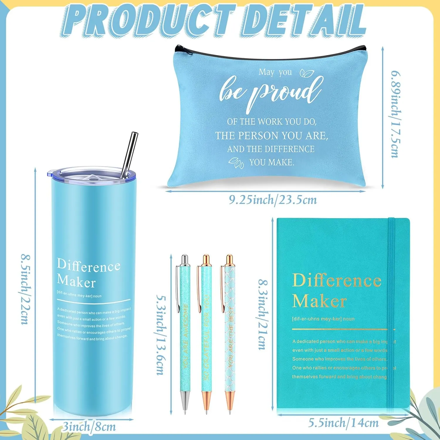 Geiserailie 6 Pcs Employee Appreciation Gift Set Thank You Difference Maker Gift May You Be Proud 20 oz Tumbler Leather Journal Ballpoint Pens Makeup Bag for Graduation Teacher Women Men (Blue)
