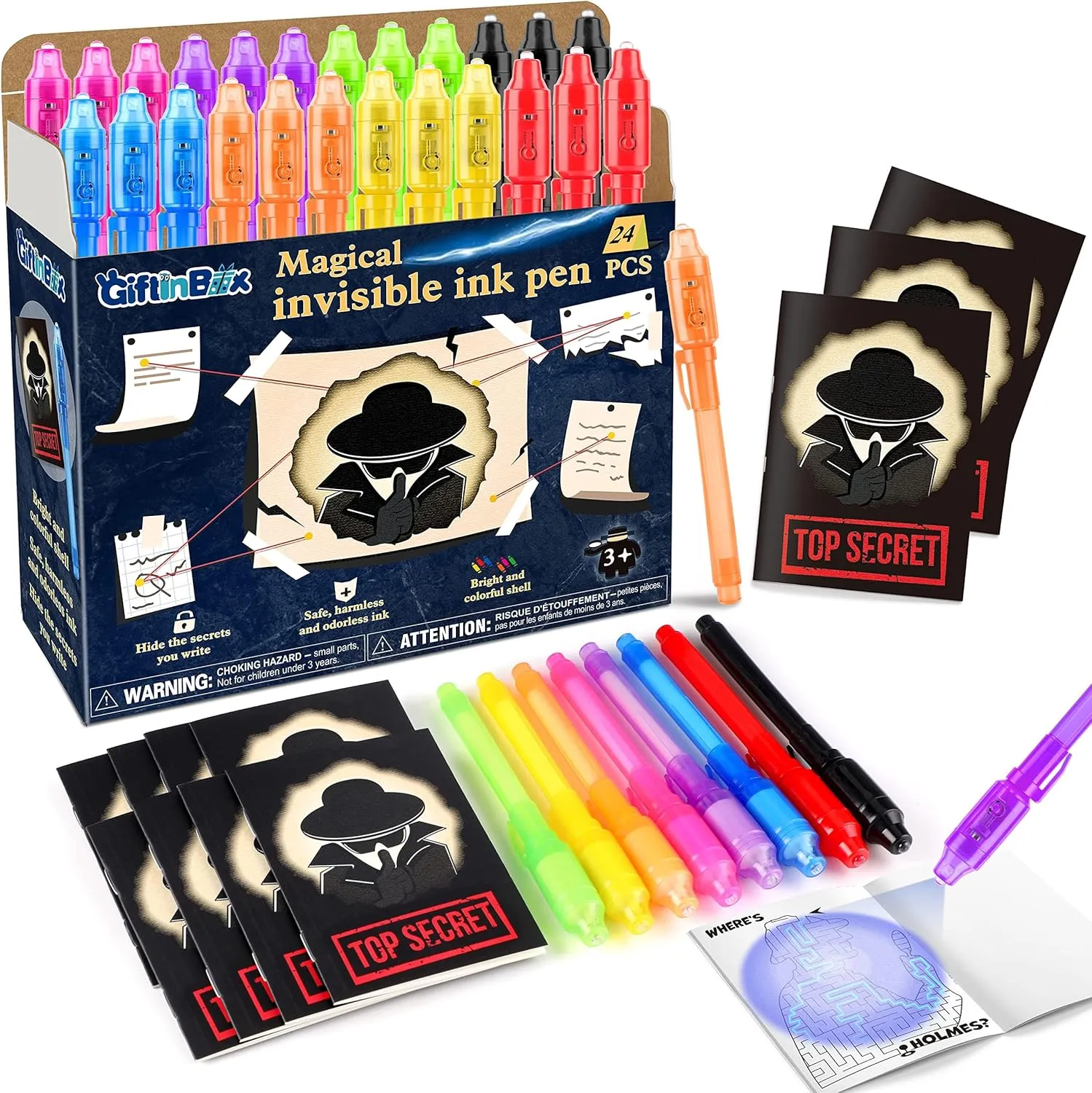 GIFTINBOX Invisible Ink Pens with UV light for Kids, Spy Pen Party Favors for Kids 8-12, 24Pack Invisible Ink Pen and Notebook, Magic Marker for Secret Message Birthday Party Favors for Kid 4-8