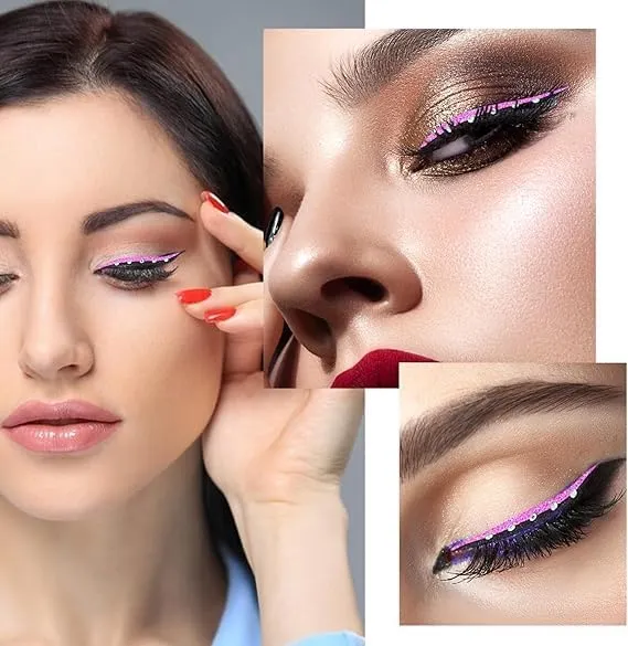Glitter Eyeliner Stickers with Rhinestones Adhesive Eye Line Strip Reusable Eyeshadow Stickers,Eyeliner Sticker (Golden, 5 Pairs)