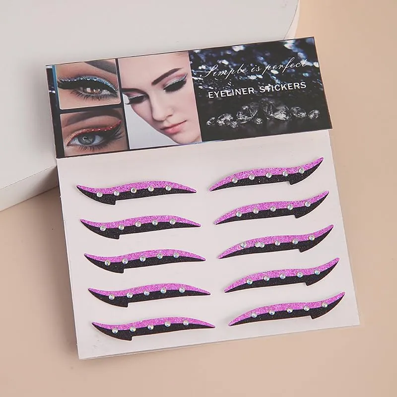 Glitter Eyeliner Stickers with Rhinestones Adhesive Eye Line Strip Reusable Eyeshadow Stickers,Eyeliner Sticker (Golden, 5 Pairs)