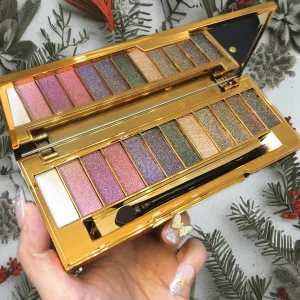 Glitter Eyeshadow Palette 12 Color Sparkle Waterproof Shimmer Make Up Palettes with Brush Mirror Highly Shining Pigmented Eyeshadow Palette for Date Party Dance Makeup (1# Purple coffee color)