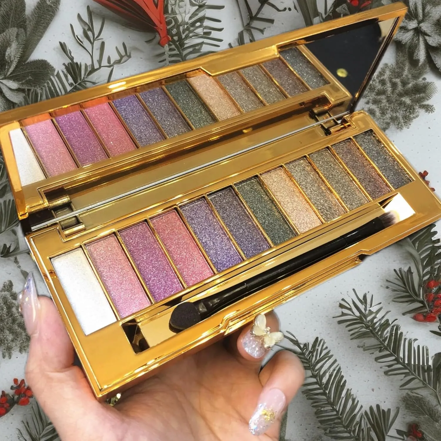 Glitter Eyeshadow Palette 12 Color Sparkle Waterproof Shimmer Make Up Palettes with Brush Mirror Highly Shining Pigmented Eyeshadow Palette for Date Party Dance Makeup (1# Purple coffee color)