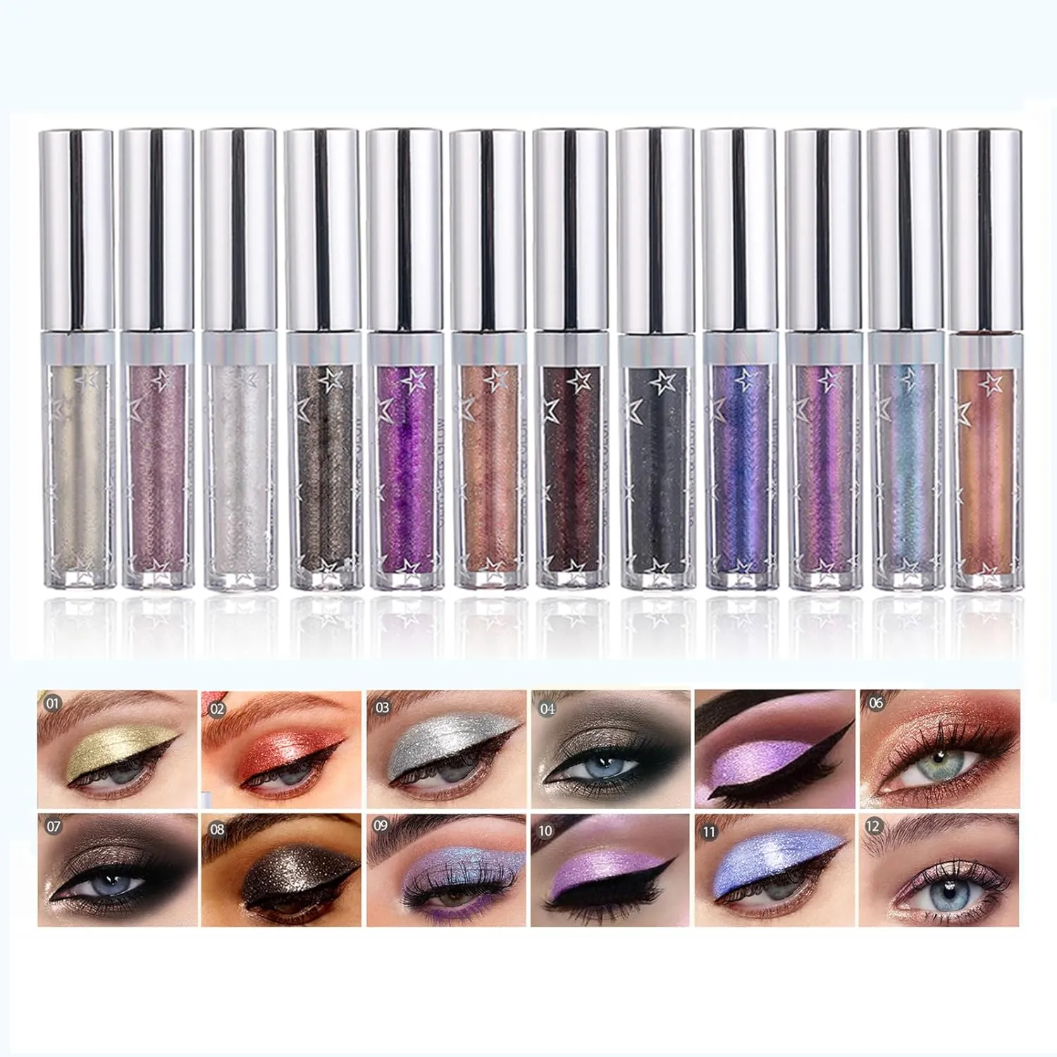 Glitter Liquid Eyeshadow Metallic Pigments Shimmer Makeup Metals Gloss for Eyes Eyeliners Sparkling Eye Shadow Shiny Pen Eyeliner Kit Long Lasting Waterproof (12 Colors Set)