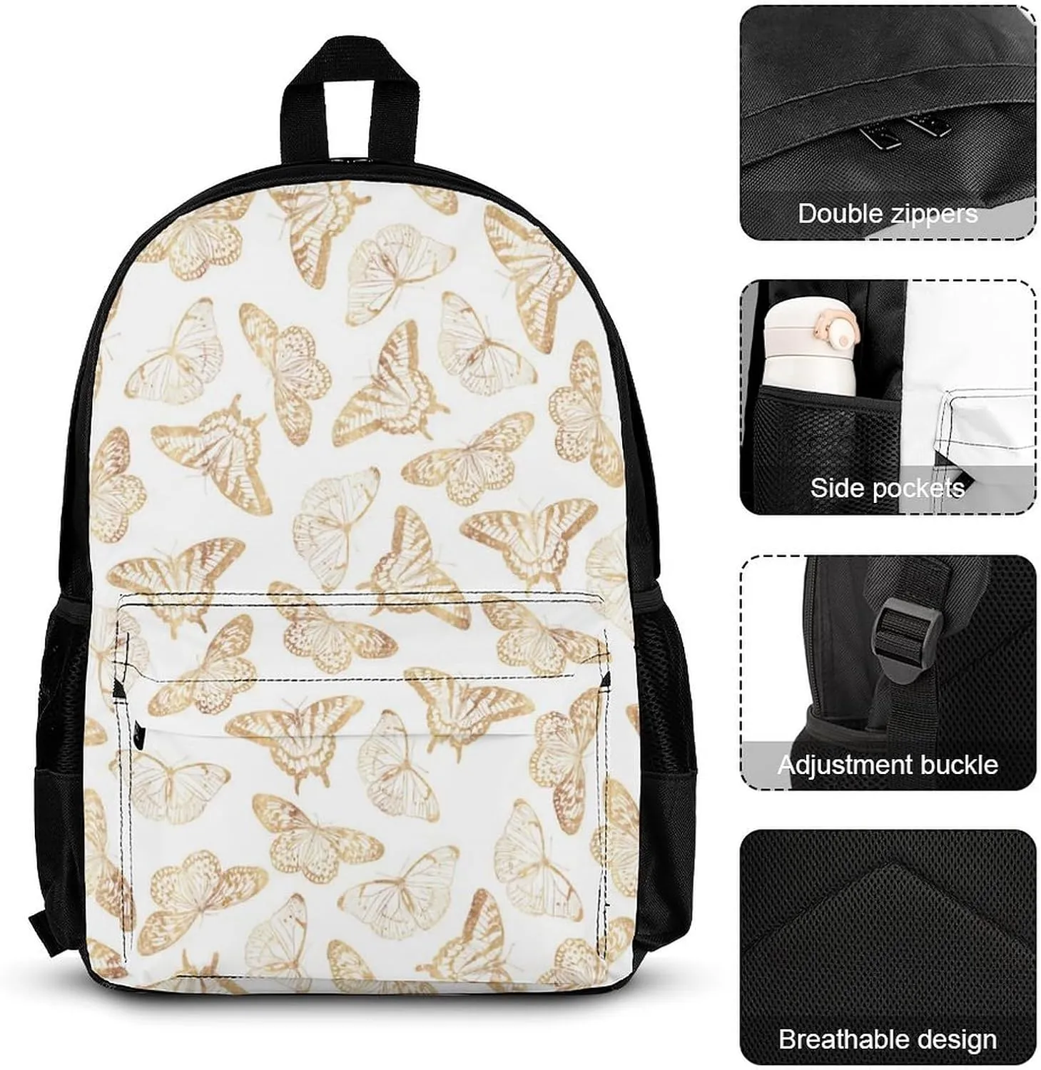 Gold Glitter Butterfly Lightweight Pocket Backpack Crossbody Lunch Bag Set Unisex