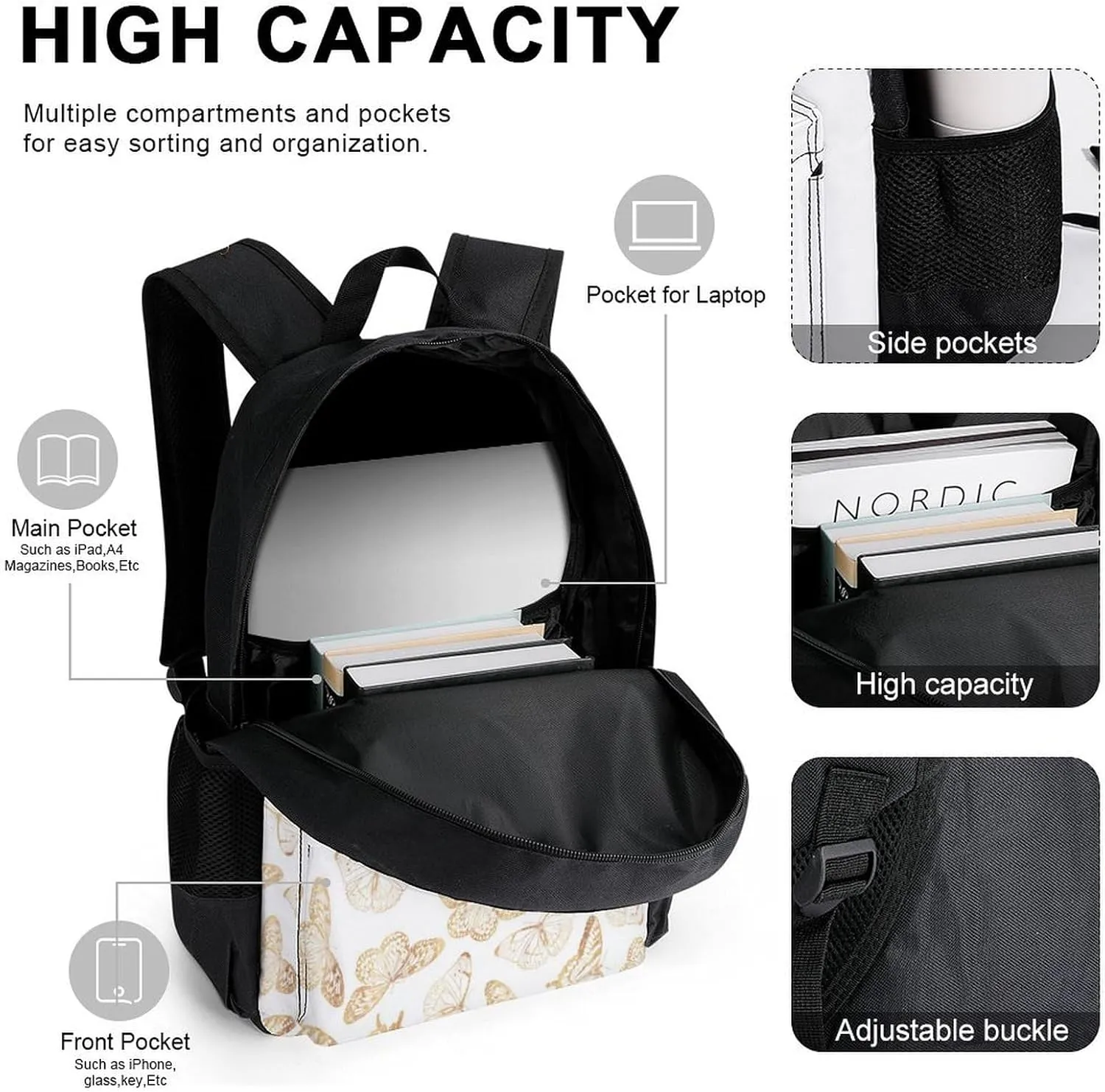 Gold Glitter Butterfly Lightweight Pocket Backpack Crossbody Lunch Bag Set Unisex
