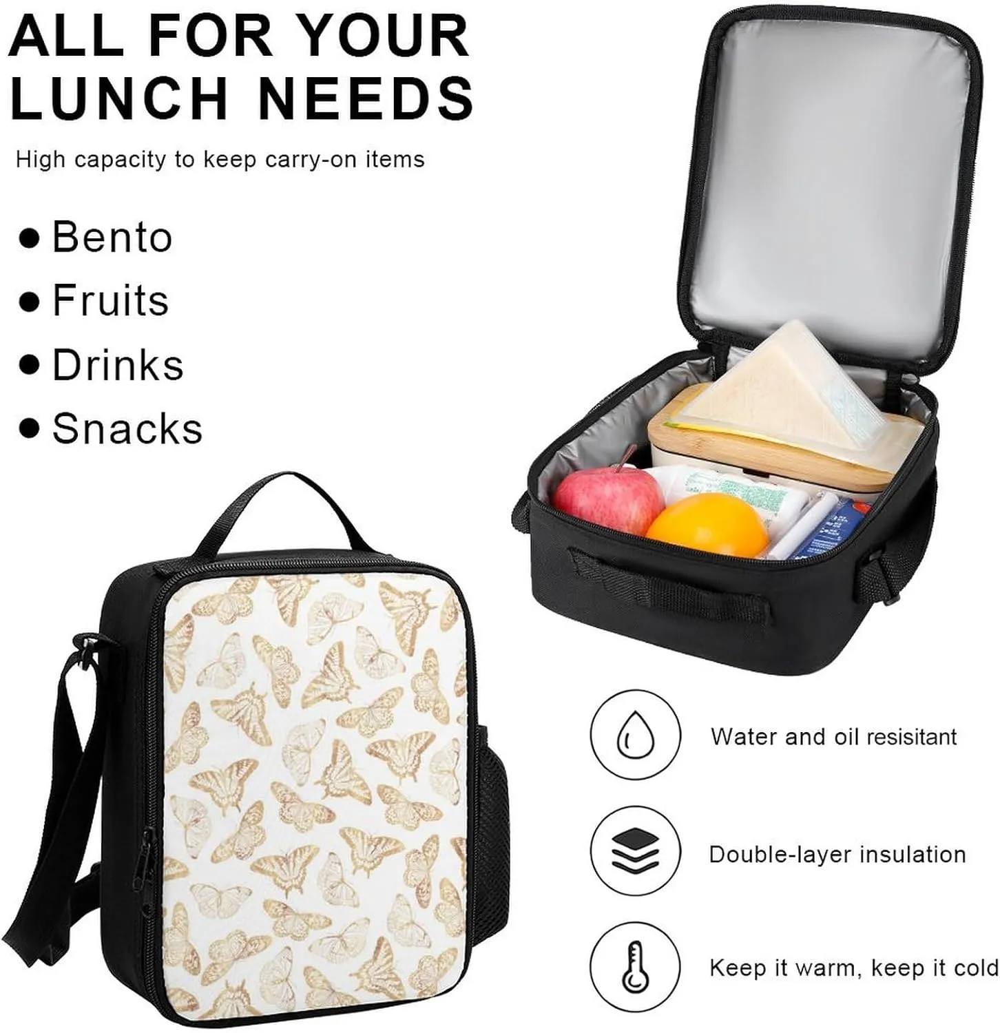 Gold Glitter Butterfly Lightweight Pocket Backpack Crossbody Lunch Bag Set Unisex