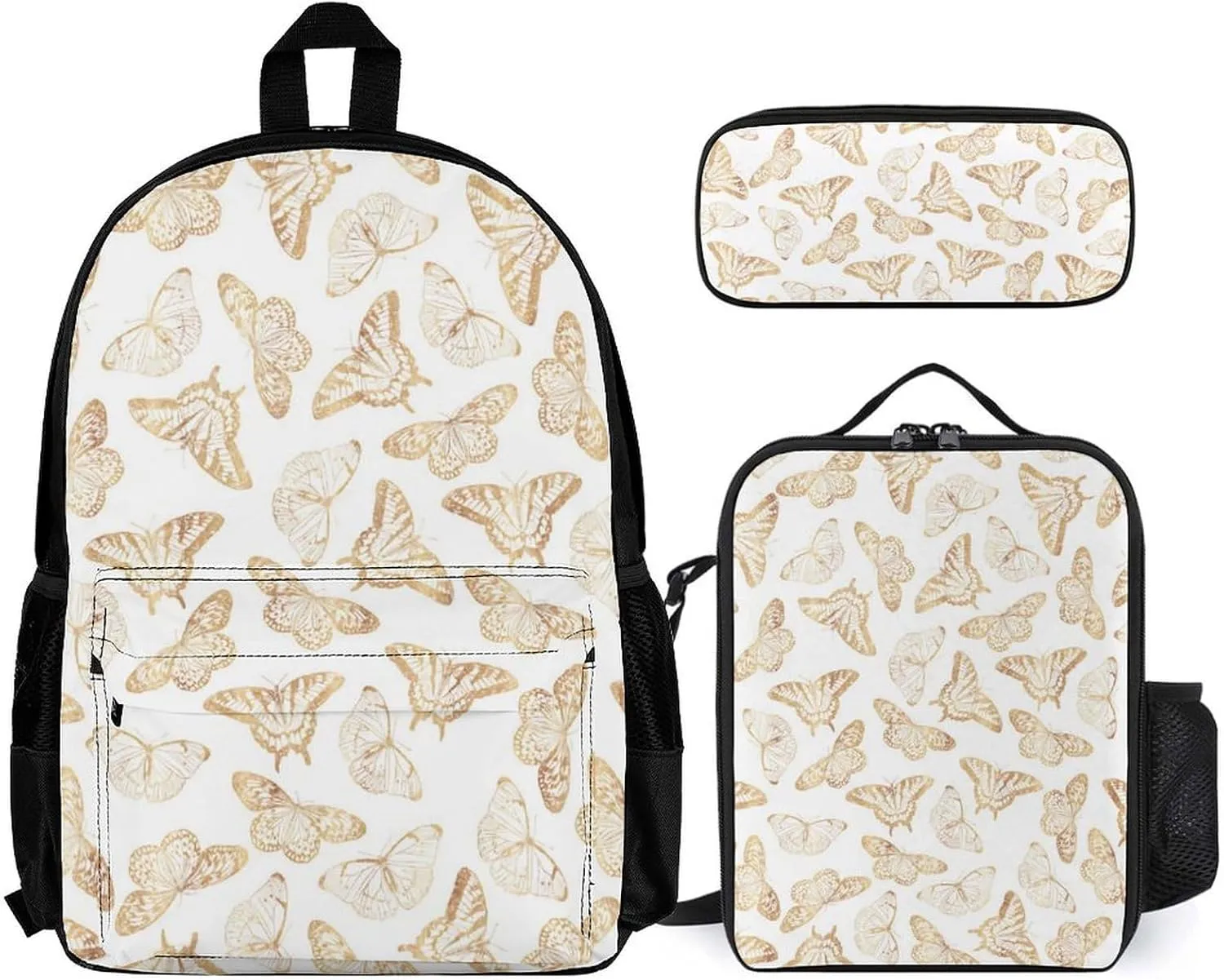 Gold Glitter Butterfly Lightweight Pocket Backpack Crossbody Lunch Bag Set Unisex