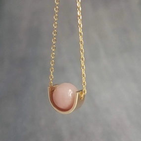 Gold Pink Stone Necklace, eclipse necklace, pink Peruvian opal necklace, gold semicircle, half circle, pale pink opal gemstone, anti anxiety