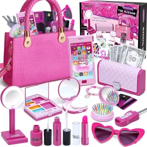 Golray Kids Purse Pretend Play Toys for Girls 3 4 5 6  Year Old Princess Gift My First Purse with Sound Phone, Fake Makeup Kit, Light up Mirror, Wallet, Birthday Gift for Little Girl Toddler Toy