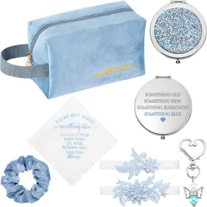 Hanaive Set of 6 Something Blue Wedding Gift for Bride Something Blue Cosmetic Bag Embroidered Handkerchief Bouquet Charm Diamond Compact Mirror Hair Scrunchie Knotted Garters for Bridal Shower party