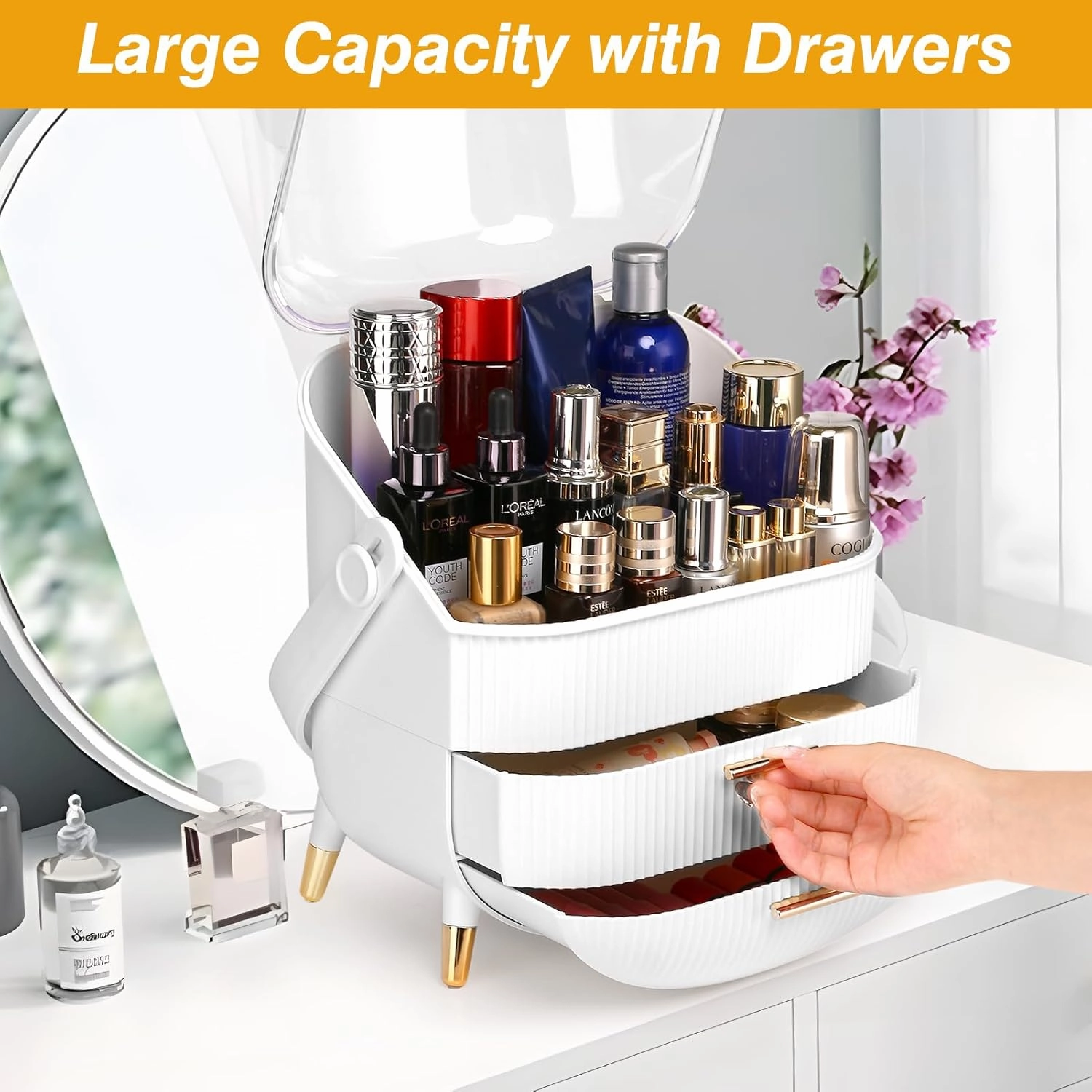 Haturi Makeup Organizer, Skincare Organizers w/Brush Holder, Cosmetics Organizer with Drawers, Waterproof & Dustproof Makeup Organizer for Vanity, Preppy Skin Care for Bathroom, Dresser, Countertop