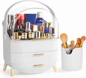 Haturi Makeup Organizer, Skincare Organizers w/Brush Holder, Cosmetics Organizer with Drawers, Waterproof & Dustproof Makeup Organizer for Vanity, Preppy Skin Care for Bathroom, Dresser, Countertop