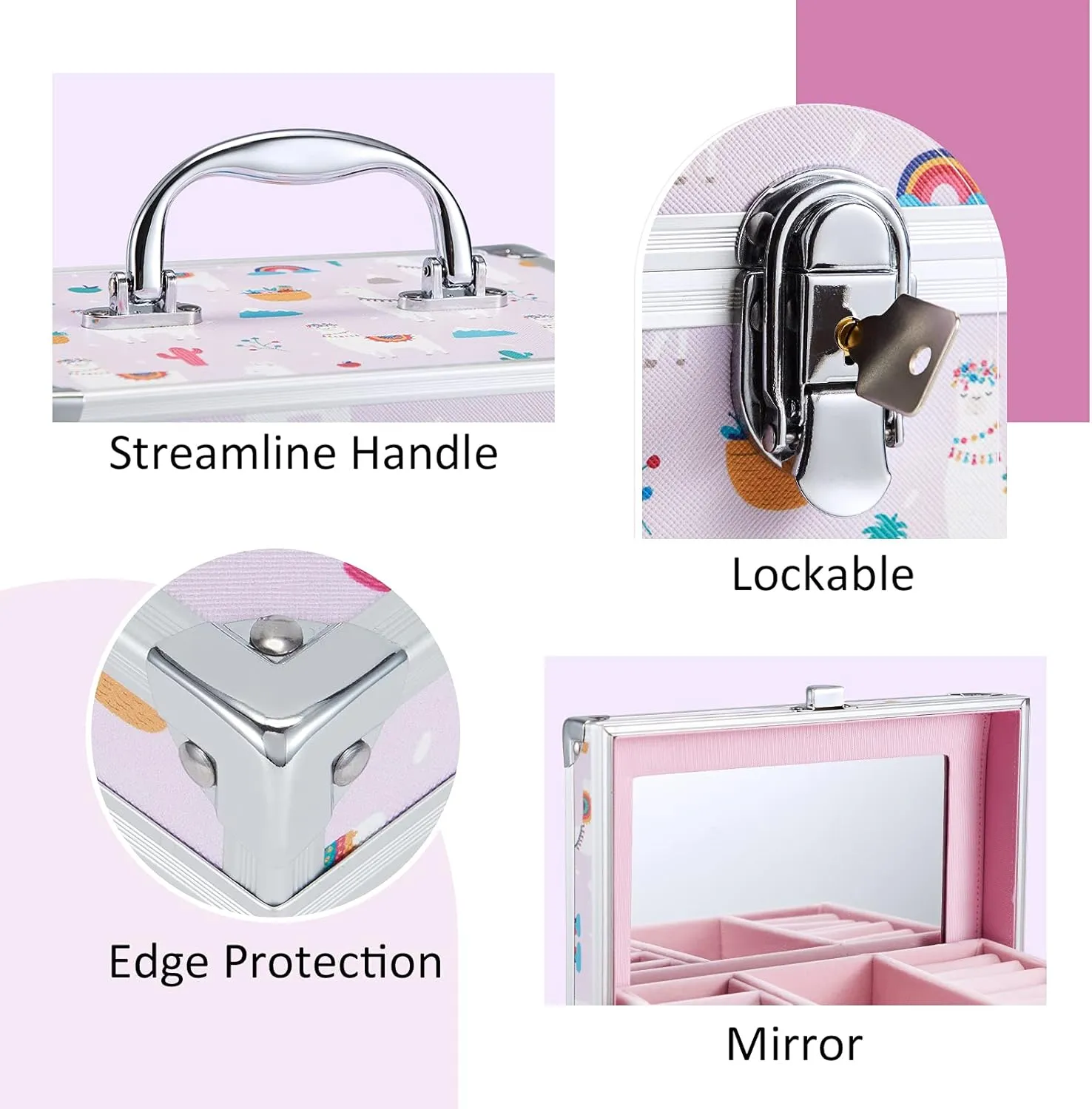 Hododou Jewelry Box for Girls Kids Organizer with Drawer & Tray Portable Travel Lockable with Mirror Handle Hair Accessories Storage Box - Rainbow Alpaca