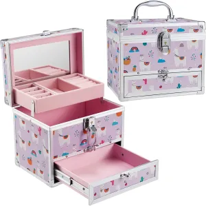 Hododou Jewelry Box for Girls Kids Organizer with Drawer & Tray Portable Travel Lockable with Mirror Handle Hair Accessories Storage Box - Rainbow Alpaca
