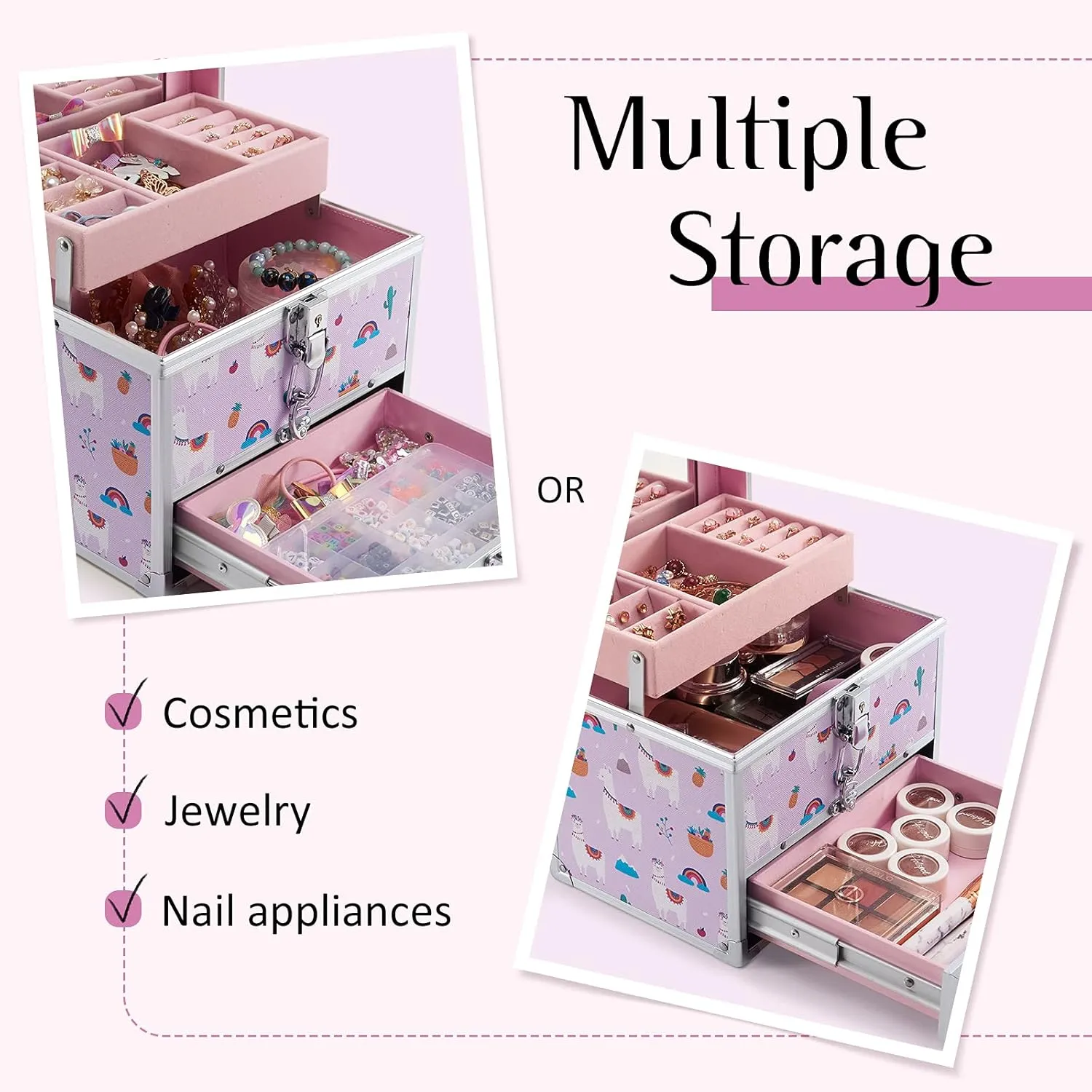 Hododou Jewelry Box for Girls Kids Organizer with Drawer & Tray Portable Travel Lockable with Mirror Handle Hair Accessories Storage Box - Rainbow Alpaca