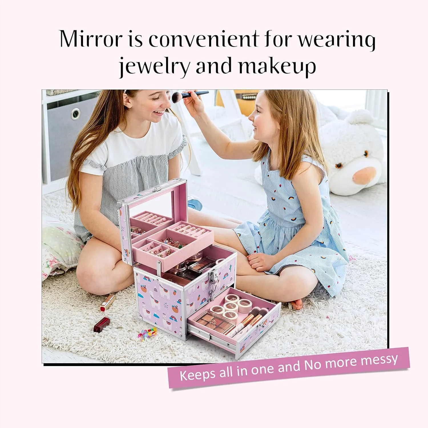 Hododou Jewelry Box for Girls Kids Organizer with Drawer & Tray Portable Travel Lockable with Mirror Handle Hair Accessories Storage Box - Rainbow Alpaca