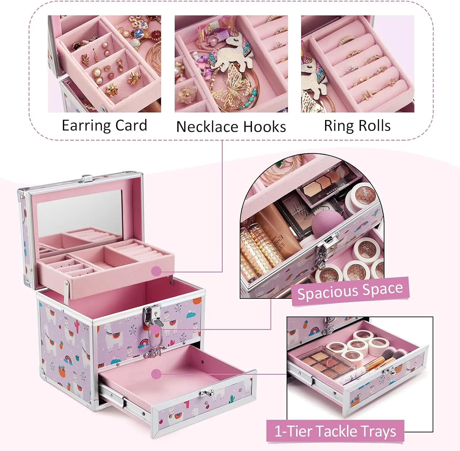 Hododou Jewelry Box for Girls Kids Organizer with Drawer & Tray Portable Travel Lockable with Mirror Handle Hair Accessories Storage Box - Rainbow Alpaca