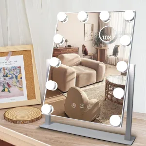 Hollywood Vanity Mirror with Lights, 12 Dimmable LED Bulbs Lighted Makeup Mirror with Detachable 10X Magnification Mirror, 1000mAh Rechargeable, 3 Color Lights, Touch Control