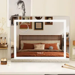 Hollywood Vanity Mirror with Lights, 22.8"x18.1" Folding Lighted Makeup Mirror with 3-Color Dimmable LED Strip, 10X Magnifier, Touch Control, for Women & Teen Girls