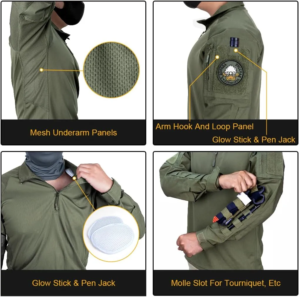 IDOGEAR Men’s Combat Shirts Tactical Long Sleeve Shirt with Elbow Pads Military BDU Shirts with Pockets Airsoft Clothing