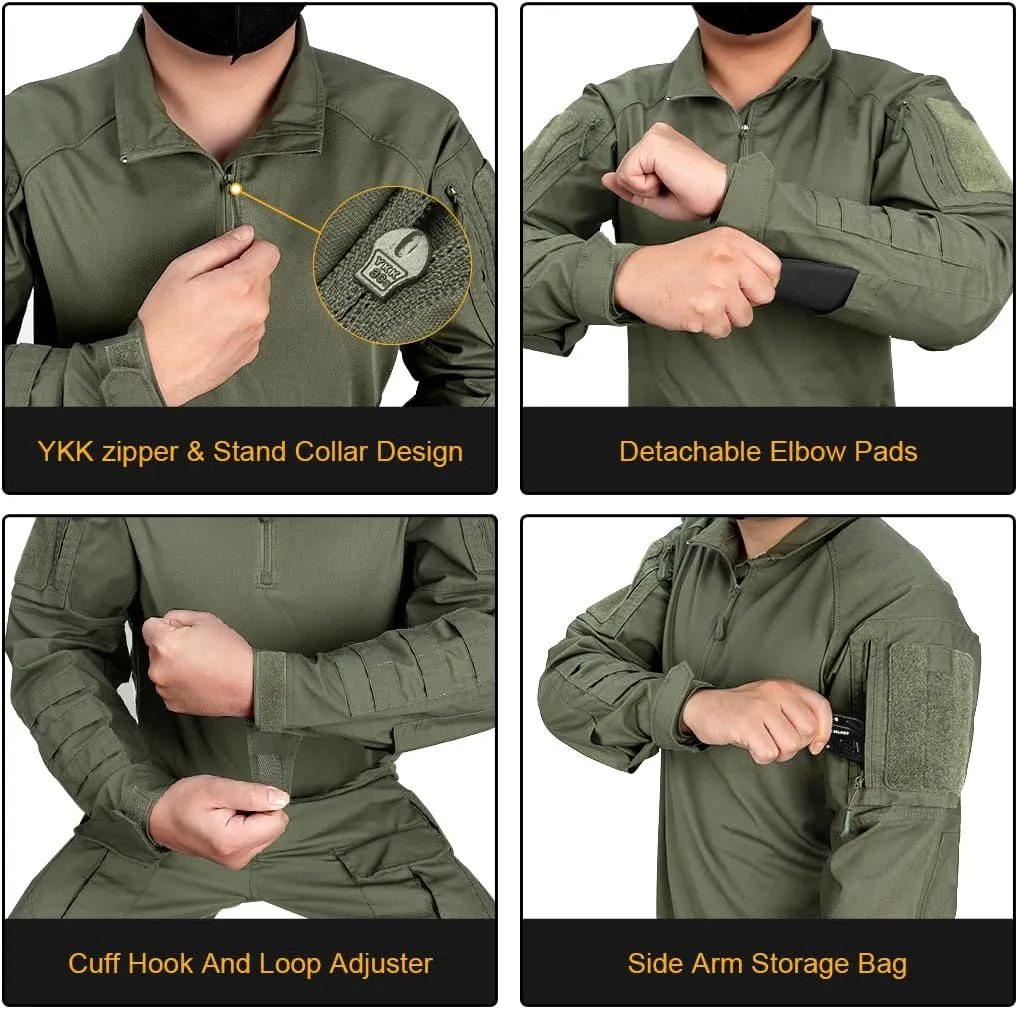 IDOGEAR Men’s Combat Shirts Tactical Long Sleeve Shirt with Elbow Pads Military BDU Shirts with Pockets Airsoft Clothing