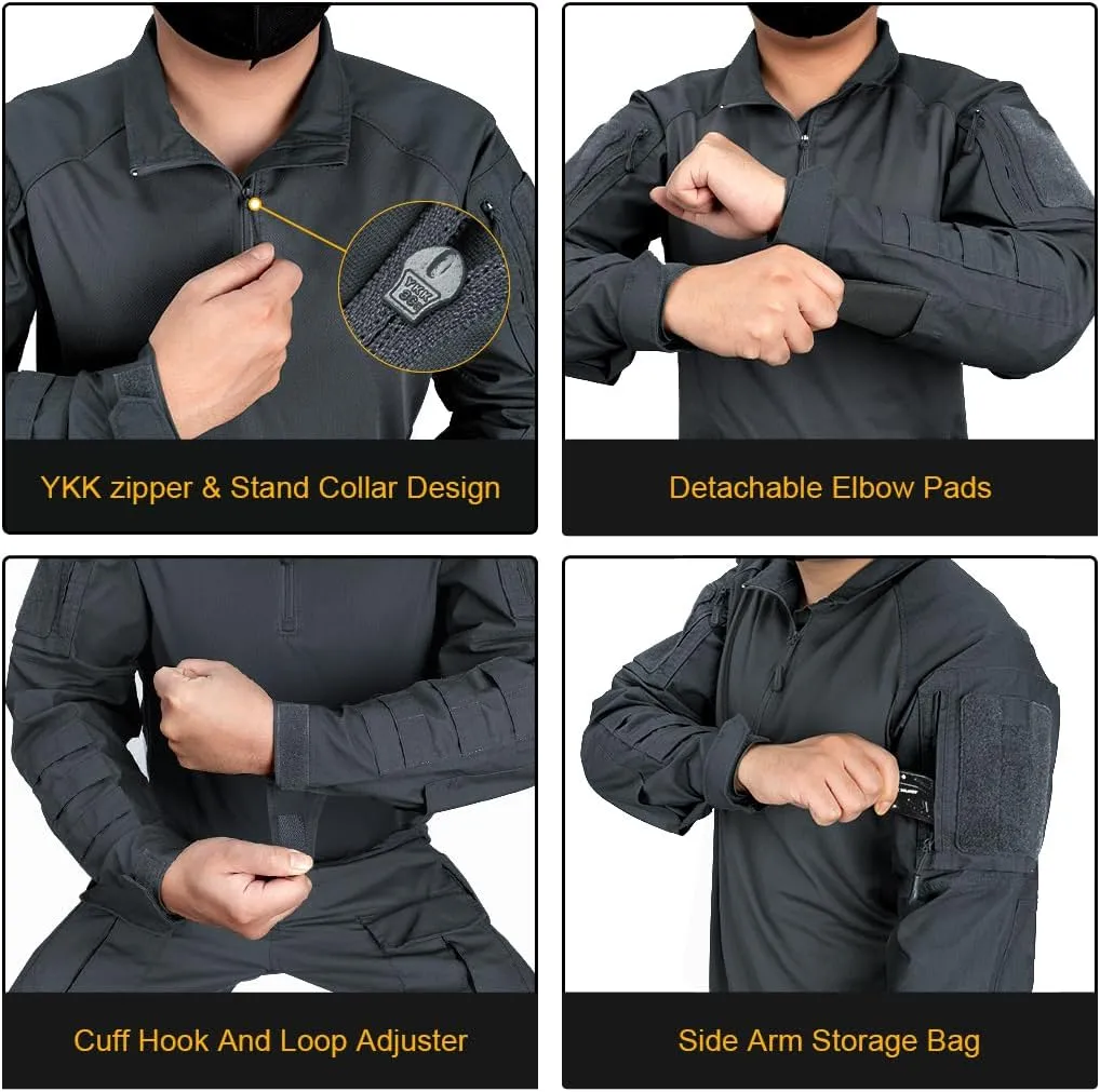 IDOGEAR Men’s Combat Shirts Tactical Long Sleeve Shirt with Elbow Pads Military BDU Shirts with Pockets Airsoft Clothing