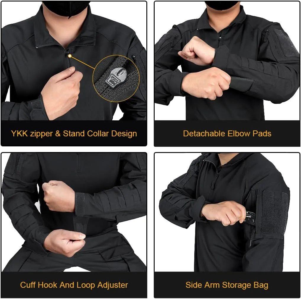 IDOGEAR Men’s Combat Shirts Tactical Long Sleeve Shirt with Elbow Pads Military BDU Shirts with Pockets Airsoft Clothing