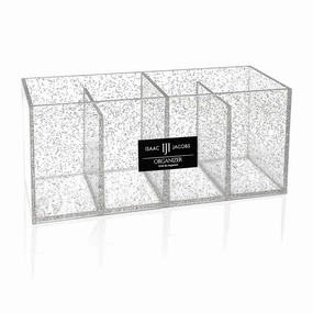 Isaac Jacobs 4-Compartment Clear Acrylic Organizer- Makeup Brush Holder- Storage Solution- Office, Bathroom, Kitchen Supplies and More (4 Compartment, Silver Glitter)
