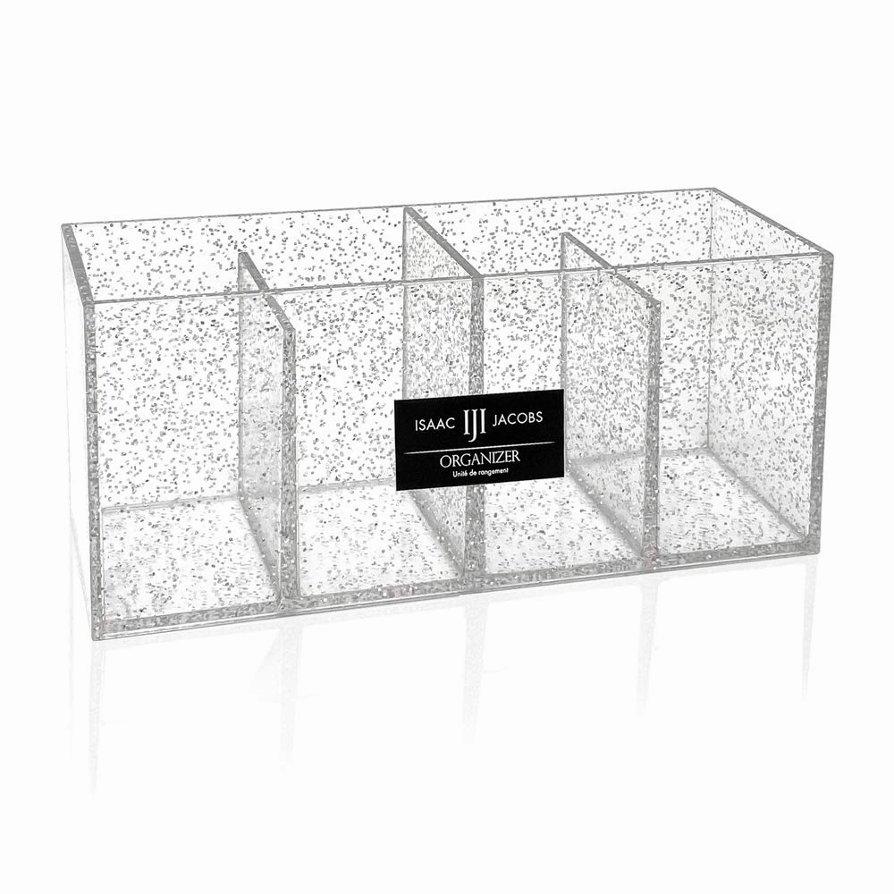 Isaac Jacobs 4-Compartment Clear Acrylic Organizer- Makeup Brush Holder- Storage Solution- Office, Bathroom, Kitchen Supplies and More (4 Compartment, Silver Glitter)