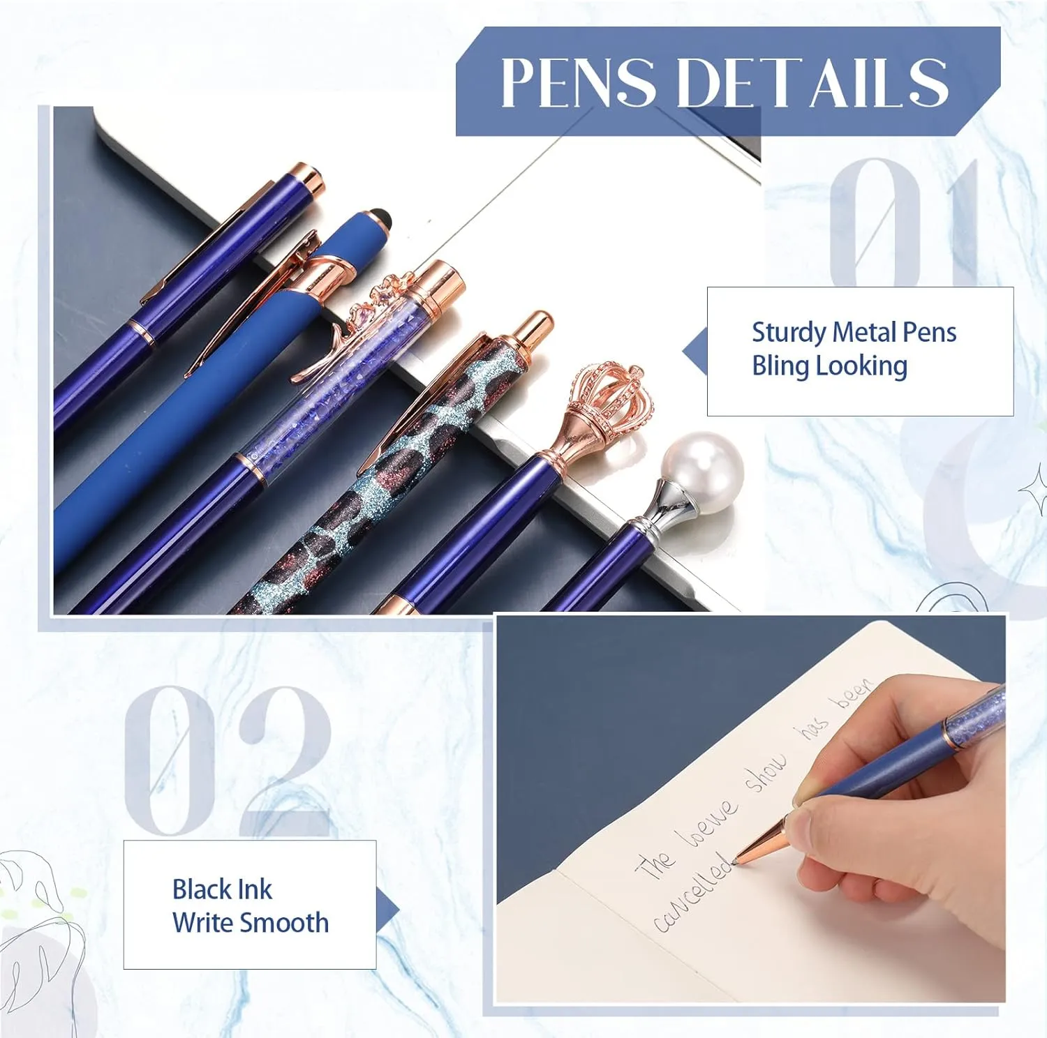 Janmini 9 Pcs Ballpoint Pens Set Metal Crystal Diamond Pen Glitter Pens for Journaling, Writing, Gifts, Women, Girls, Christmas, Birthday, Office Desk, Dark Blue