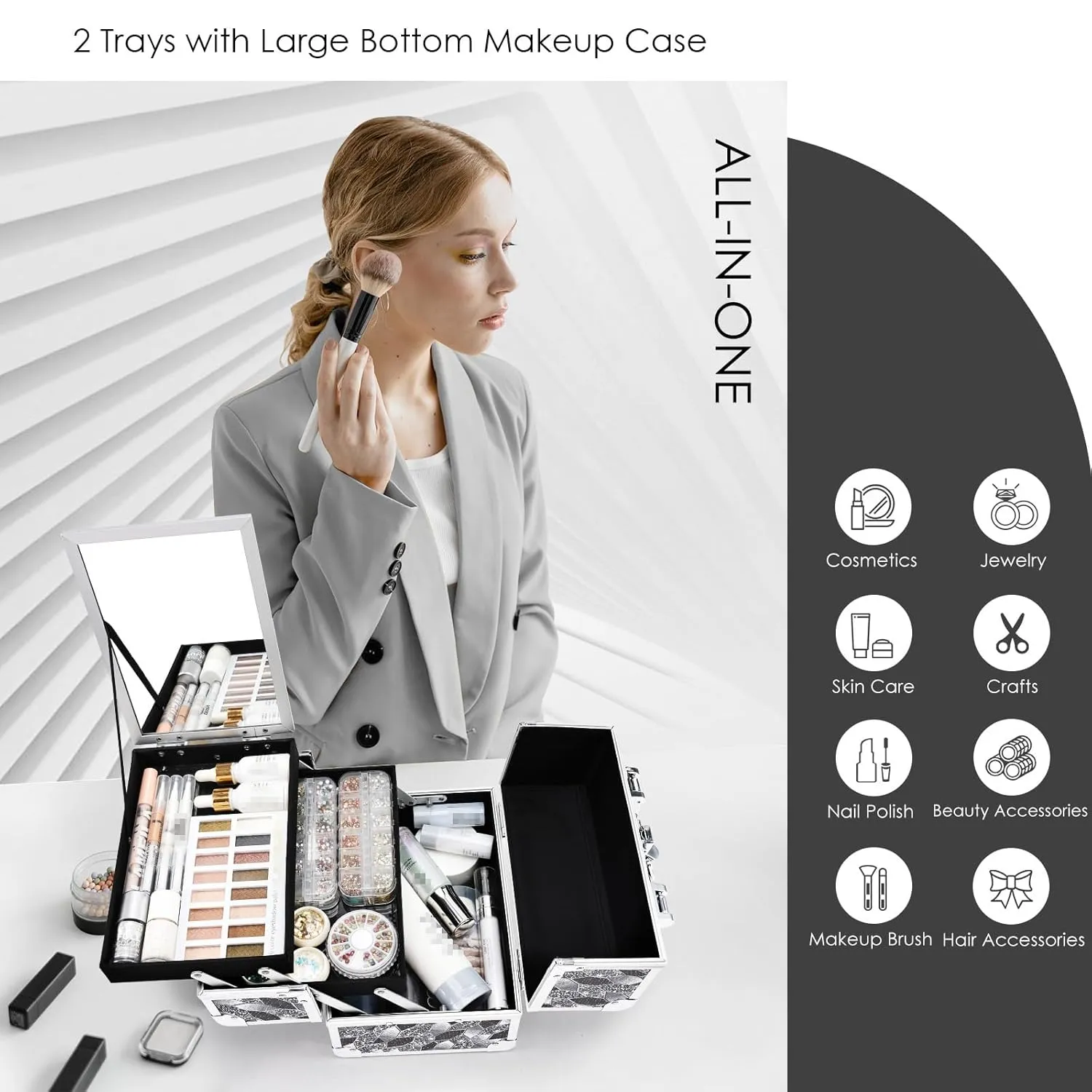 Joligrace Makeup Case Organizer Makeup Box Portable Cosmetic Train Case Hard Vanity Storage with 2 Trays Mirror Locking Make Up Artist Travel Case Nail Kits Travelling Organizer Modern Style