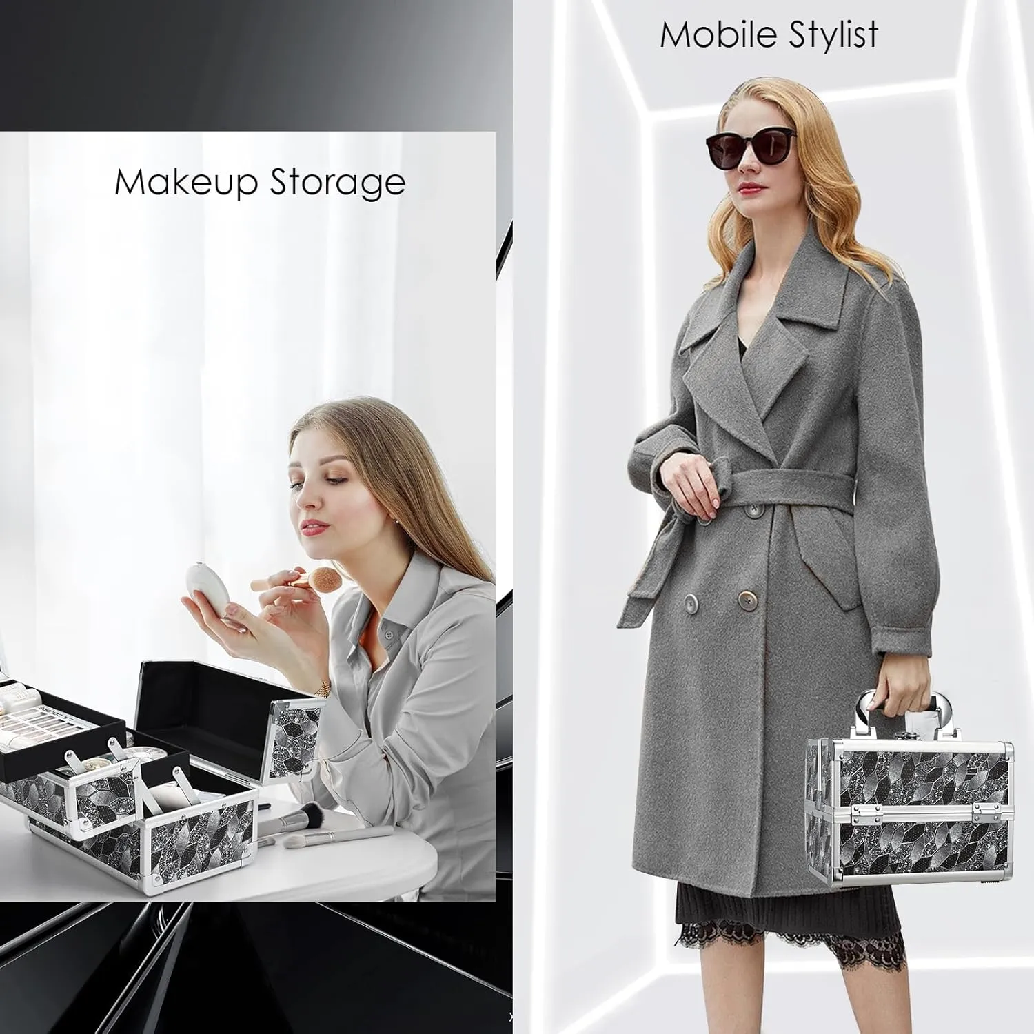 Joligrace Makeup Case Organizer Makeup Box Portable Cosmetic Train Case Hard Vanity Storage with 2 Trays Mirror Locking Make Up Artist Travel Case Nail Kits Travelling Organizer Modern Style