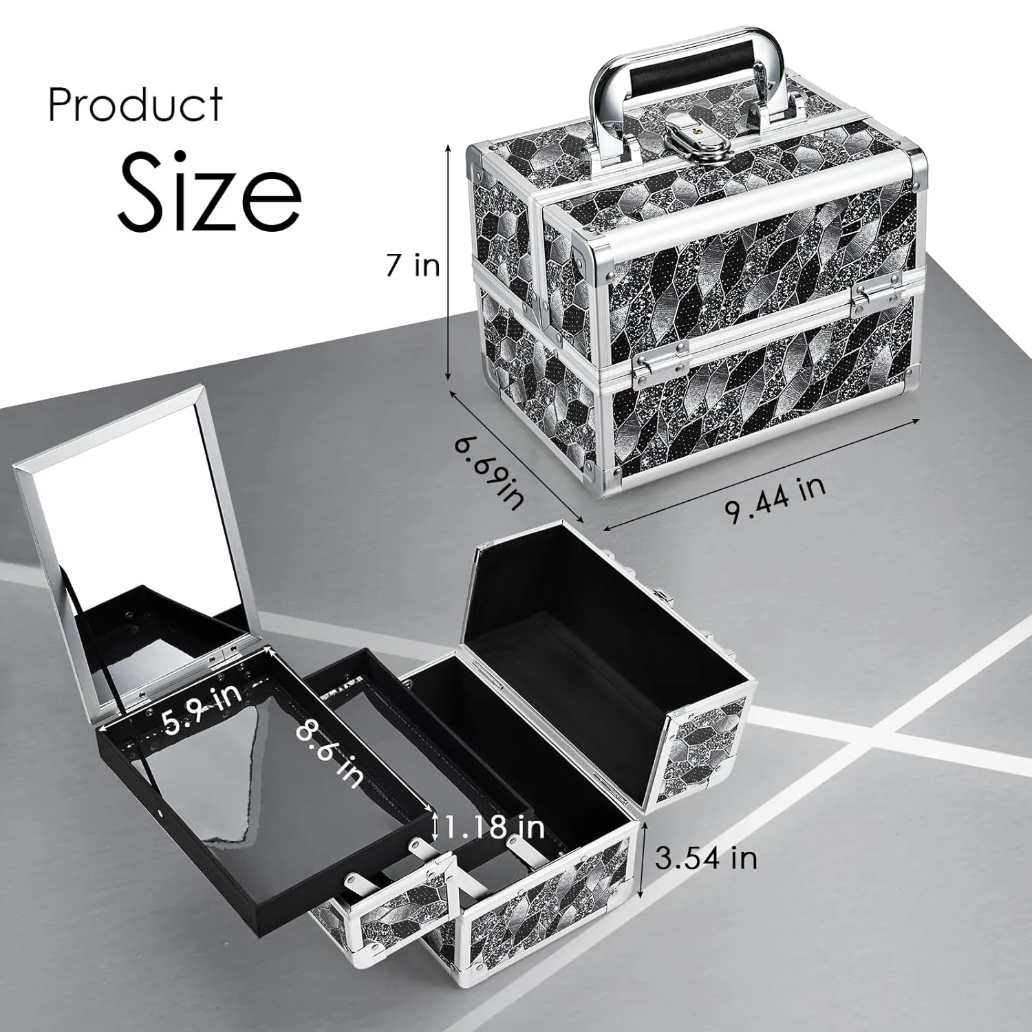 Joligrace Makeup Case Organizer Makeup Box Portable Cosmetic Train Case Hard Vanity Storage with 2 Trays Mirror Locking Make Up Artist Travel Case Nail Kits Travelling Organizer Modern Style