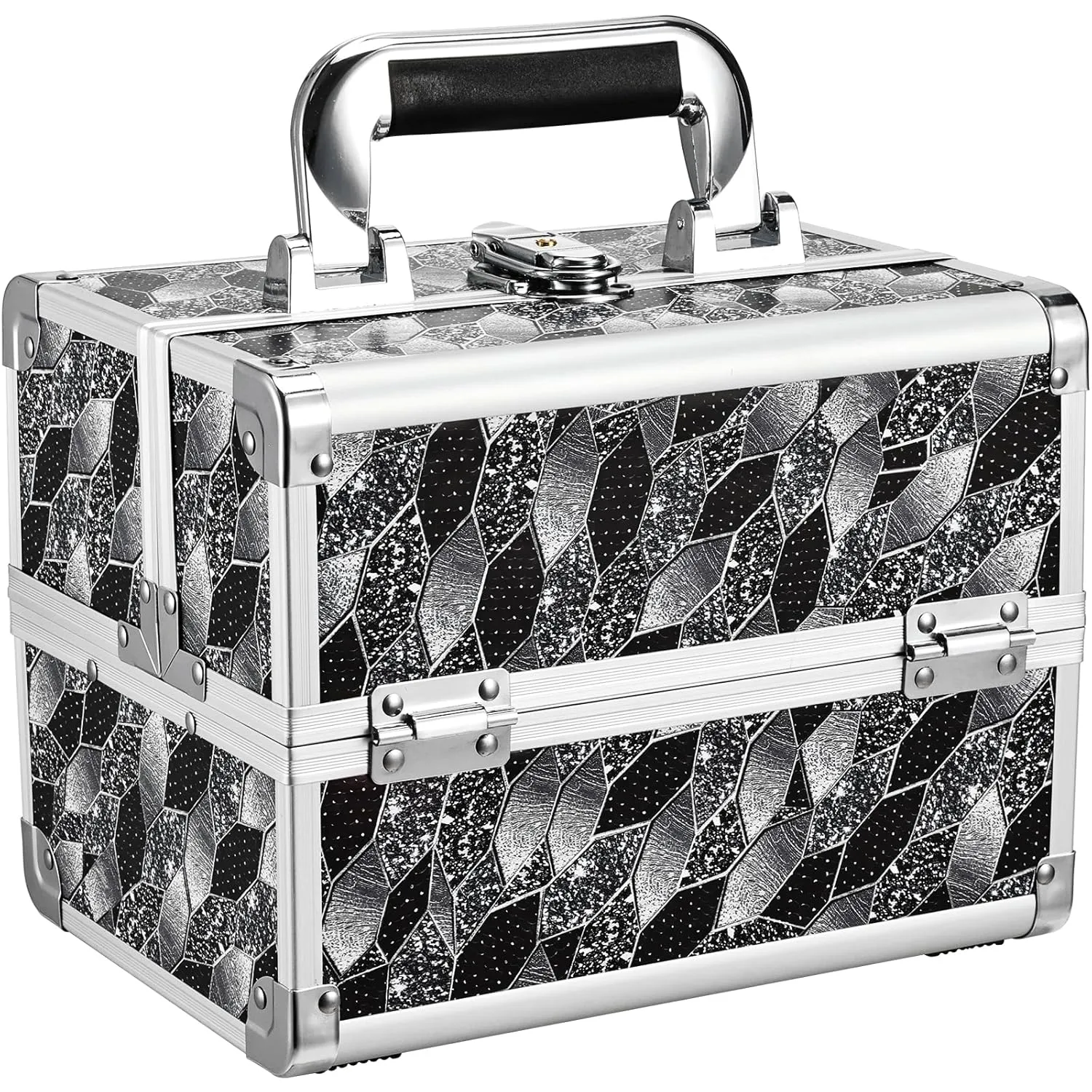 Joligrace Makeup Case Organizer Makeup Box Portable Cosmetic Train Case Hard Vanity Storage with 2 Trays Mirror Locking Make Up Artist Travel Case Nail Kits Travelling Organizer Modern Style