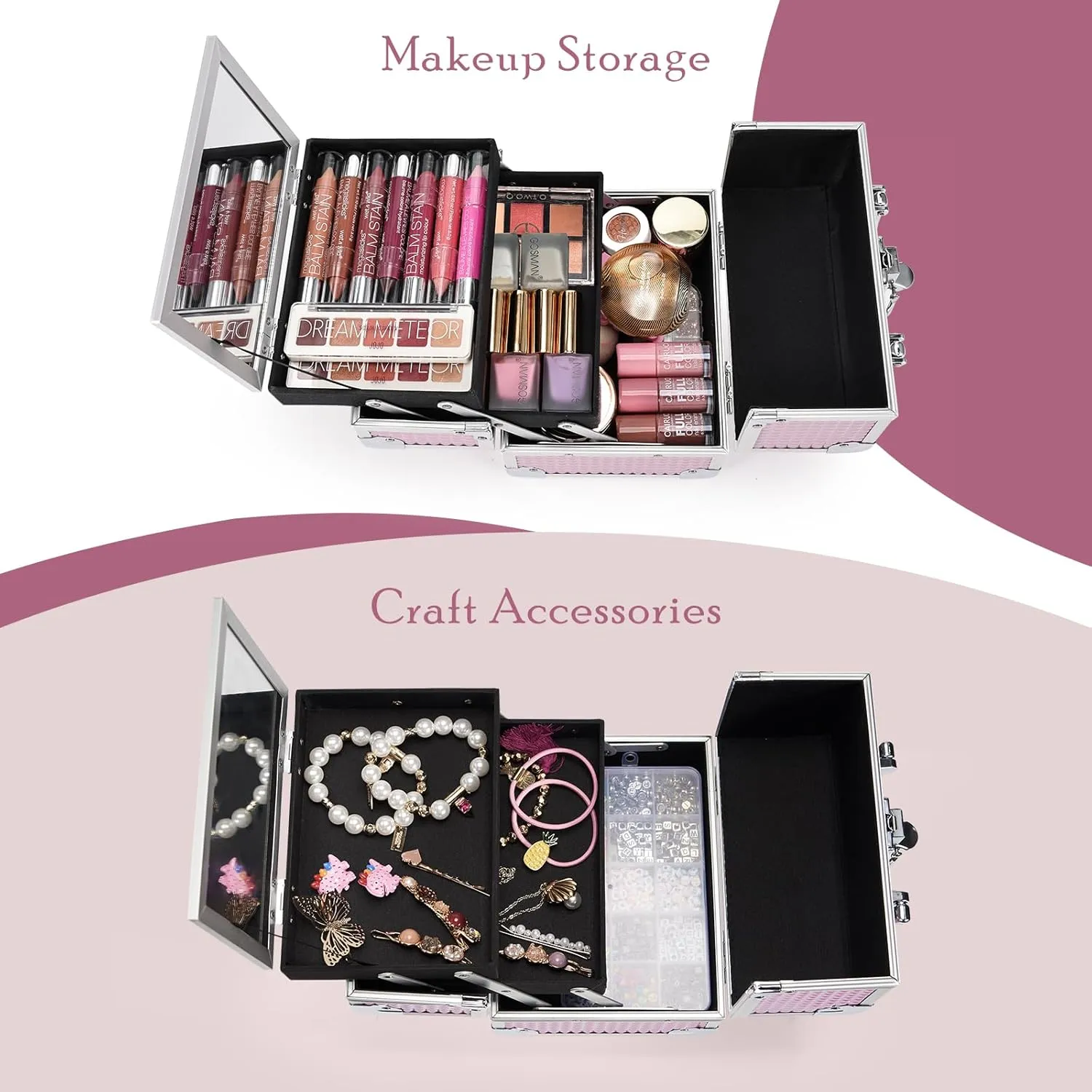 Joligrace Makeup Case Portable Makeup Box Travel Train Case Cosmetic Case Organizer with 2 trays Mirror Locking Make Up Artist Storage Vanity Craft Nail Case Traveling Cosmetic Box Pink