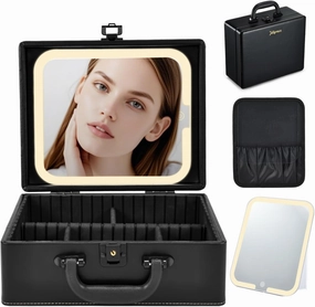 Joligrace Makeup Box with Detachable Lighted Mirror, Travel Train Case, Portable Makeup Case Cosmetic Organizer Vanity Cases for Women with Adjustable Dividers, Rechargeable Magnetic LED Mirror, Black