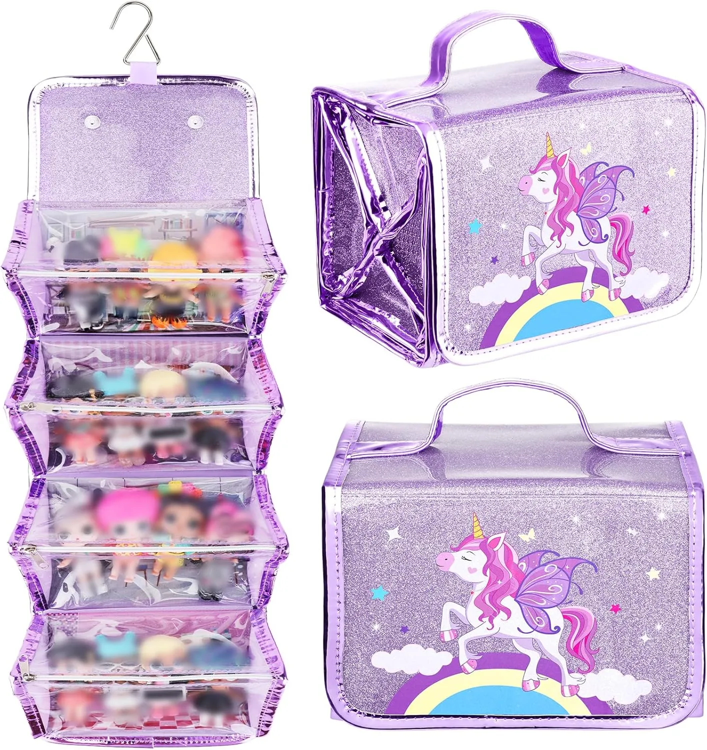 JYPS Doll Storage & Display Organizer - Purple Unicorn Case for LOL Surprise Dolls, Clear View Hanging & Carrying Case