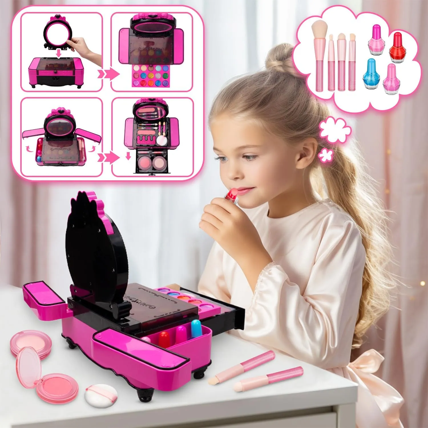 Kids Makeup Kit for Girl, Real Makeup Toys with Make Up Vanity Set, Girls Makeup Beauty Set Toy for Dress Up, Princess Birthday Gifts Toys for 3 4 5 6 7 8 9 10 11 12 Year Old Kids Girls(Rose)