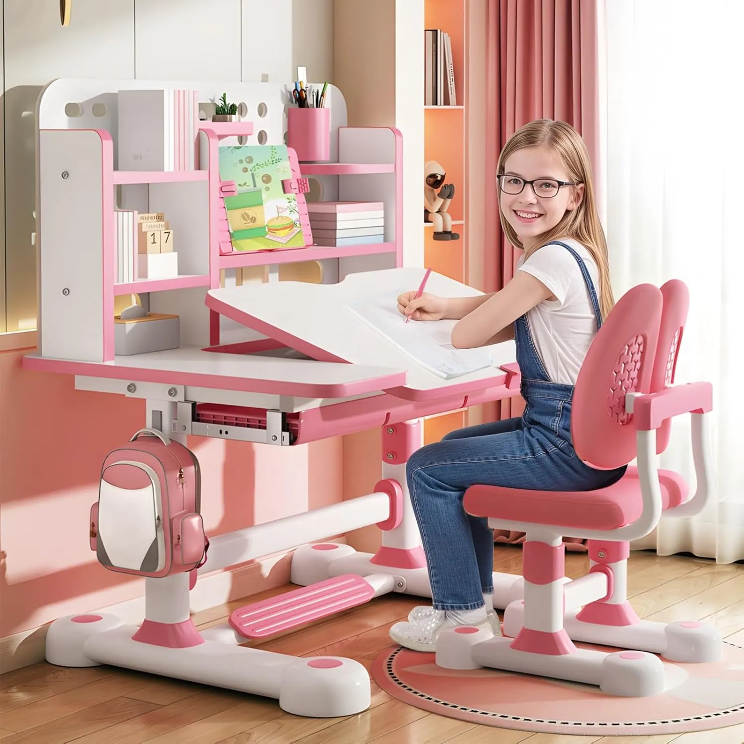Kids Study Desk And Chair Set, Height Adjustable Children's Study Desk And Chair Set Toddler Learning Table and Stool Set with Bookshelf Storage Drawer 50-Degree Tiltable Desktop for Bedroom Pink