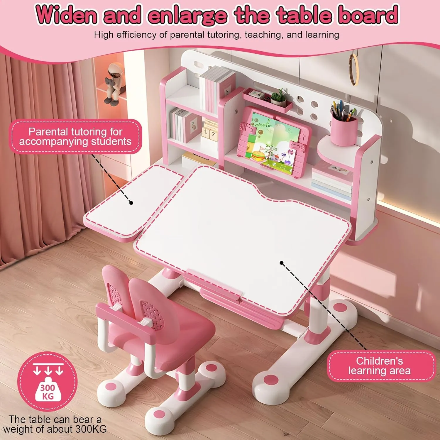 Kids Study Desk And Chair Set, Height Adjustable Children's Study Desk And Chair Set Toddler Learning Table and Stool Set with Bookshelf Storage Drawer 50-Degree Tiltable Desktop for Bedroom Pink