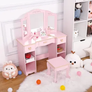 Kids Vanity Set with Mirror & Drawers - Girls Pretend Play Makeup Table with Wooden Toys, Stool & Storage | CPSIA Certified for Ages 3-9