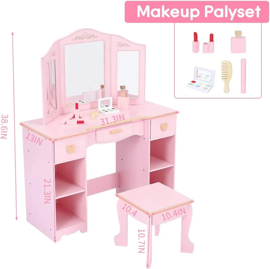Kids Vanity Set with Mirror & Drawers - Girls Pretend Play Makeup Table with Wooden Toys, Stool & Storage | CPSIA Certified for Ages 3-9