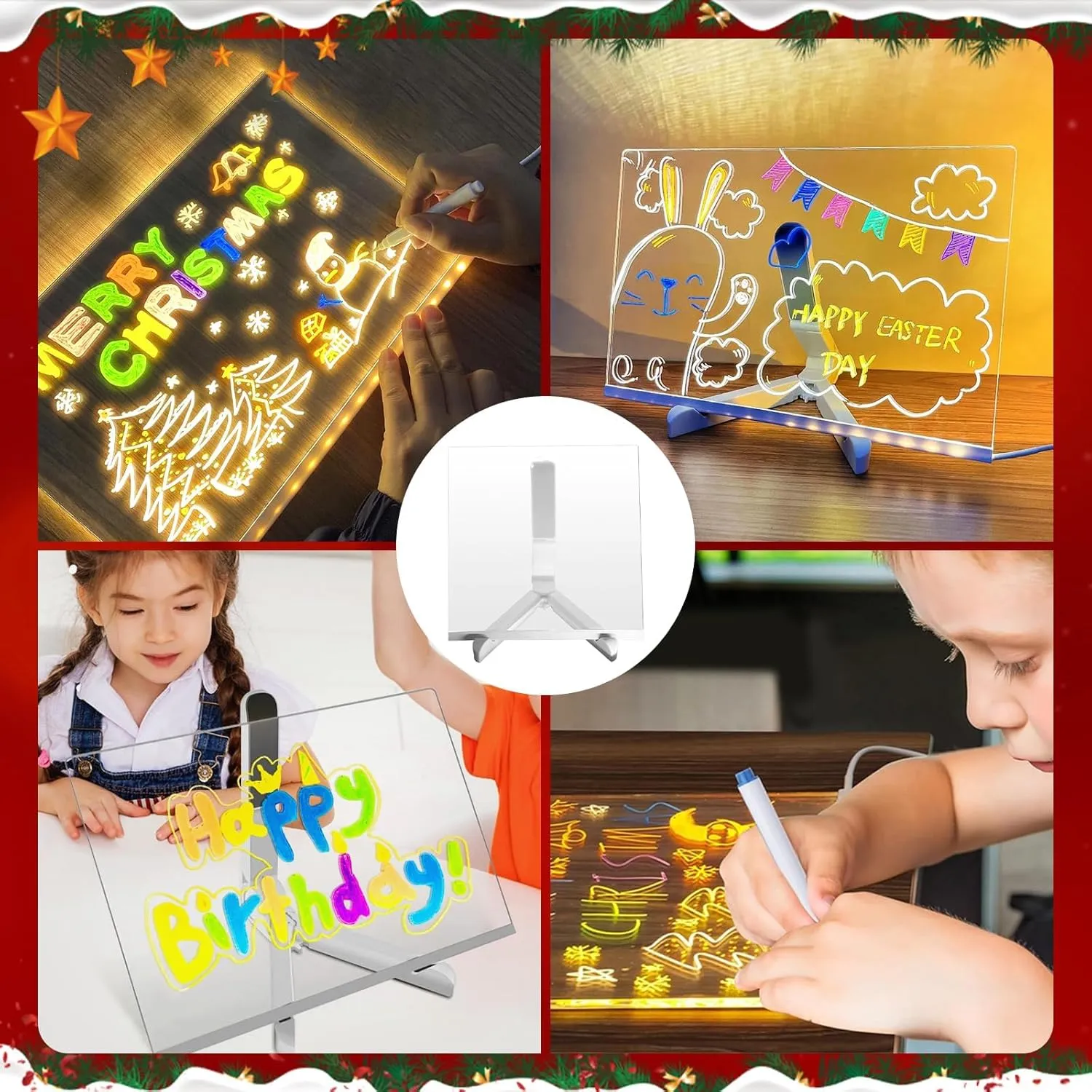 LED Note Board with Colors, Lighted Acrylic Dry Erase Board, Acrylic Message Board, Illuminated Acrylic Sticky Note Board with Colors Notepad with Adjustable Stand and 7 Pens (7.9 X 7.9 inch)