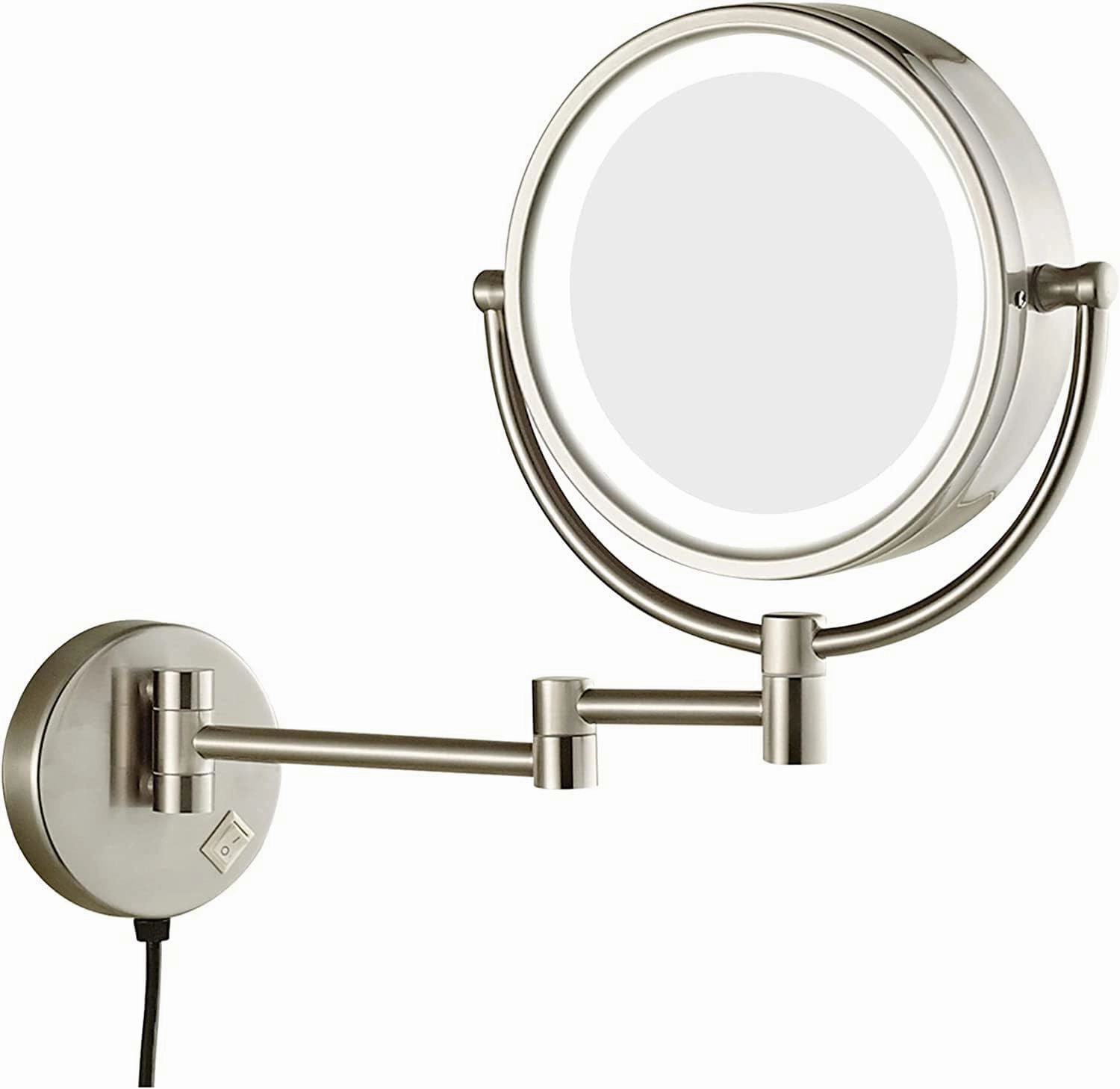 LED Makeup Mirror with Lights and 3X Magnification Vanity Mirror Wall Mounted Plug in Vanity Magnifying Extendable 360° Swivel Make up Mirror, 8" Round Double Sided Mirror,Brushed Nickel