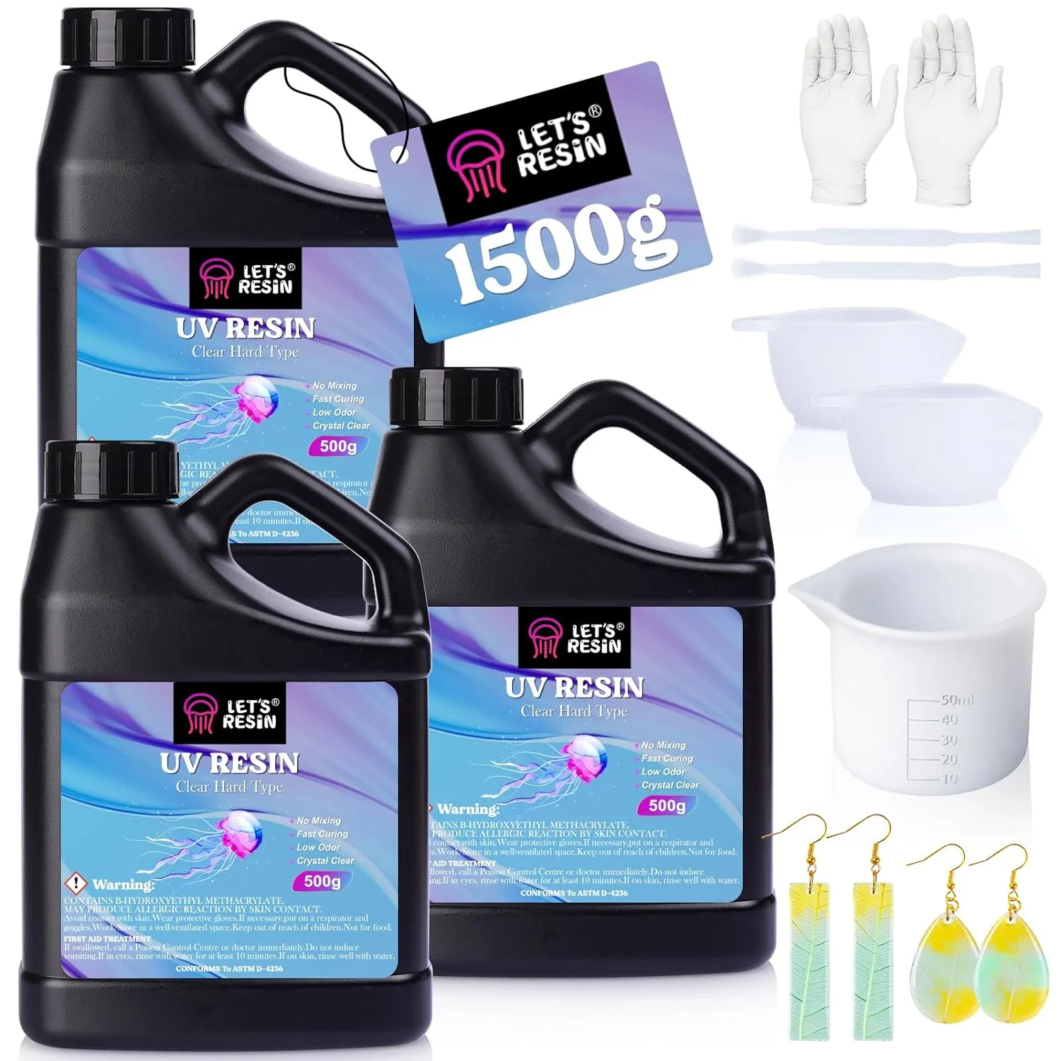 LET'S RESIN UV Resin, 1500g Odorless, Low Shrinkage, Clear Ultraviolet Epoxy Resin with Silicone Measuring Cups, for Jewelry, Molds, Craft Decoration