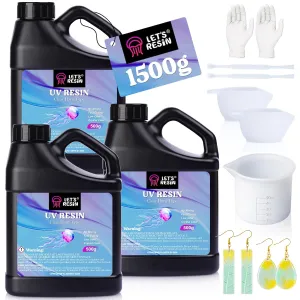LET'S RESIN UV Resin, 1500g Odorless, Low Shrinkage, Clear Ultraviolet Epoxy Resin with Silicone Measuring Cups, for Jewelry, Molds, Craft Decoration