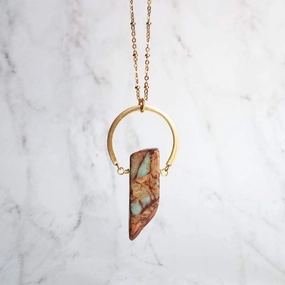 Light Blue Stone Necklace, 14K gold plate chain, beaded satellite chain, aqua terra jasper pendant, semi precious gemstone slab, stone chunk rough edge