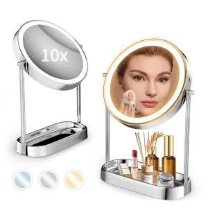Lighted Makeup Mirror with Magnification - 1X 10X Double Sided 9.4" Magnifying Mirror with Light and Touch Switch, 3 Colors Dimmable Rechargeable 360° Rotation Table Makeup Vanity Mirror with Lights